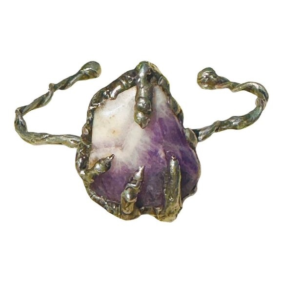 Handcrafted Amethyst Stone Claw Bangle Bracelet With Silver Blend Twist Design - Picture 6 of 11